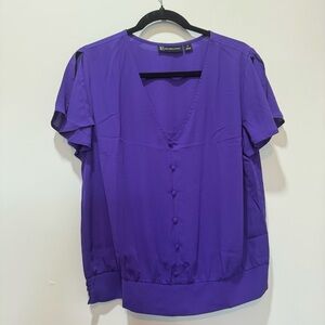 NY Collection Deep Purple V-Neck Button Front Blouse